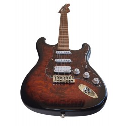 Guitarra Electrica Egmond GSW-837TB Tipo Strato de Sapelli Quilted Color Sunburst efecto Fuego y electronica Wilkinson