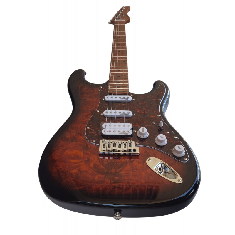 Guitarra Electrica Egmond GSW-837TB Tipo Strato de Sapelli Quilted Color Sunburst efecto Fuego y electronica Wilkinson