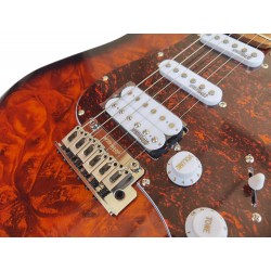 Guitarra Electrica Egmond GSW-837TB Tipo Strato de Sapelli Quilted Color Sunburst efecto Fuego y electronica Wilkinson