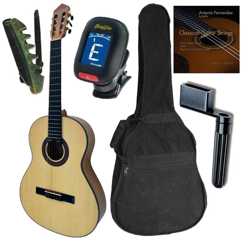 Vicente Tatay Pack de guitarra Flamenca C320.202F Con Caja a color-Funda-Afinador-Cejilla-Tensor de cuerdas-Juego de Cuerdas